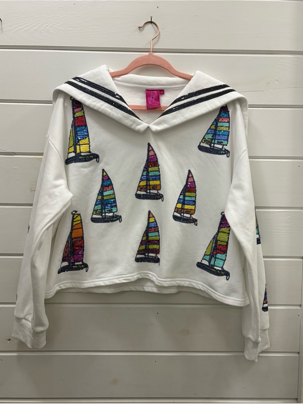 Queen of Sparkles White Sailboat Sailor Collar Sweatshirt, size medium
